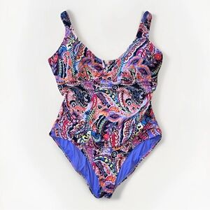 ANNE COLE Womens Plus Size 22W One-Piece Swimsuit Paisley Parade V Front Detail